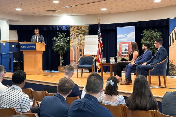 Jay S. Sidhu speaks to over 100 students in the Henry Student Center Ballroom on April 13, 2023. The Q&A was moderated by seniors Ariel Reed, Jesus Rios and Nick Kinzler.