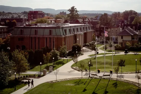 campus photo featuring the library and greenway