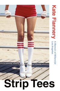 Strip Tees book cover featuring the legs of a young woman in red athetic shorts and white tube socks with red stripes