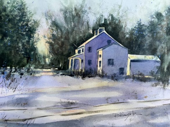 Painting of a white house in winter