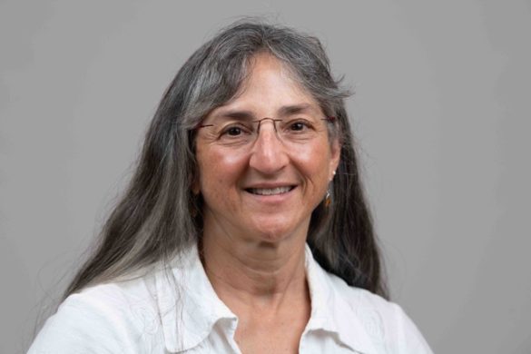 photo of smiling woman with long, salt and pepper hair and round glasses