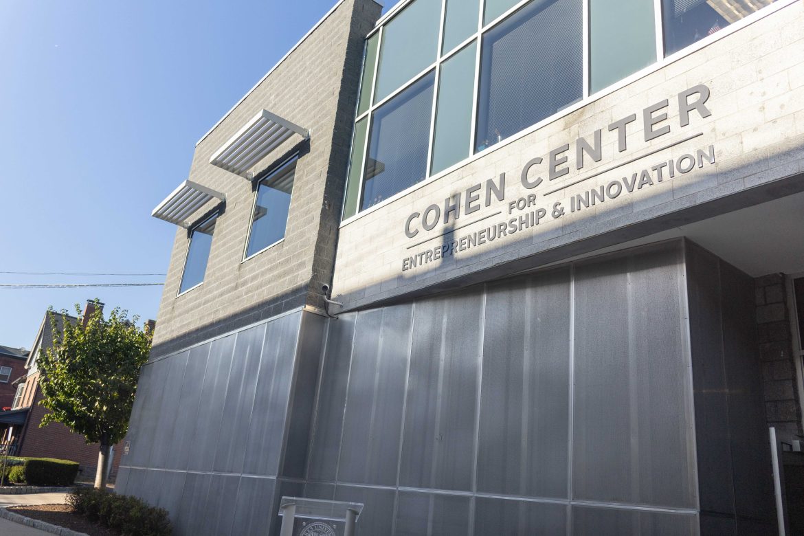 Outside of a building with signage reading Cohen Center for Entrepreneurship and Innovation