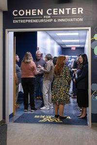 Crowd gathers inside the Simms location of the Cohen Center for Entrepreneurship and Innovation