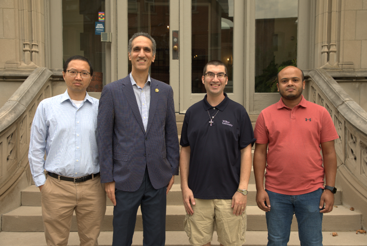 Pictured from right to left: Yong Zhu, associate professor of mechanical engineering, Abas Sabouni, professor of mechanical engineering and chair of the mechanical and electrical engineering department, Edward Bednarz III, professor of mechanical engineering and Asif Khan, assistant professor of electrical engineering.