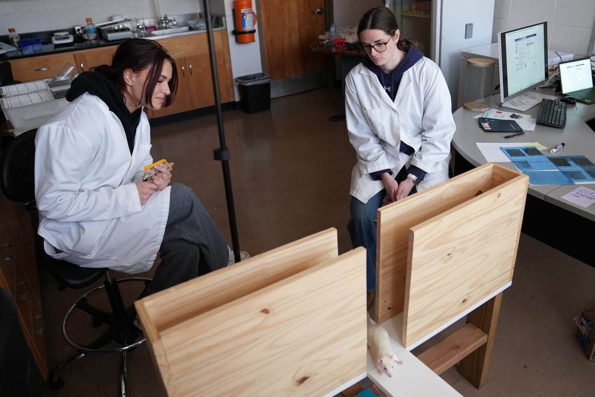 Neuroscience majors Juliana Hare and Kate Durig observe a research subject in Jessica Anderson’s lab.